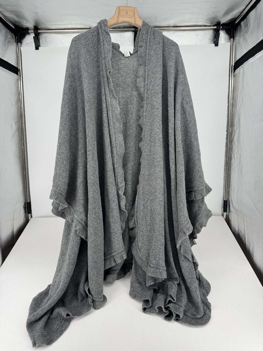 Dennis Basso Ruffle Poncho Wrap Gray Wool Blend Made in Italy